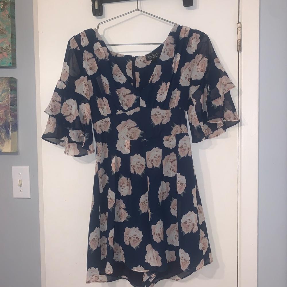 Topshop Navy and Pink Floral Romper